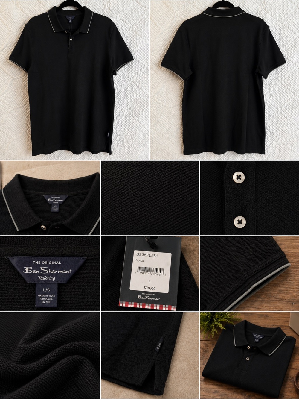 Ben Sherman Black Textured Polo Shirt Mens Large NWT Tipped Collar